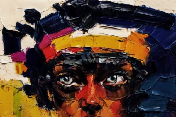 A contemporary abstract expressionist artwork depicting a partial portrait using bold brushstrokes and primary colors