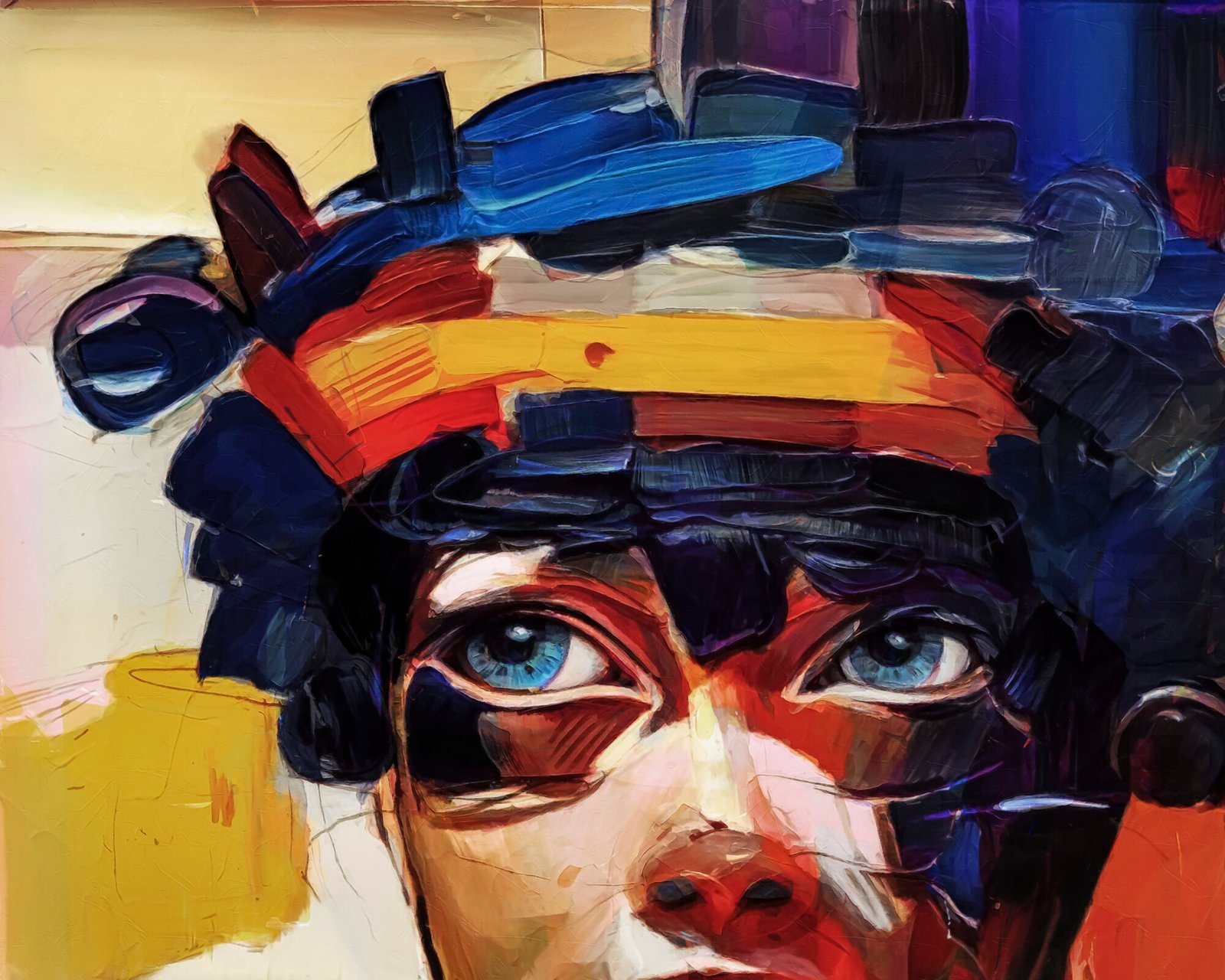 A contemporary abstract portrait of a woman with bold brushstrokes and colors.