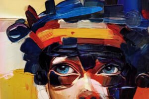A contemporary abstract expressionist artwork depicting a woman using bold brushstrokes and primary colors