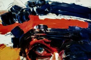 A colorful contemporary abstract expressionist artwork depicting a partial face with frenetic brushstrokes