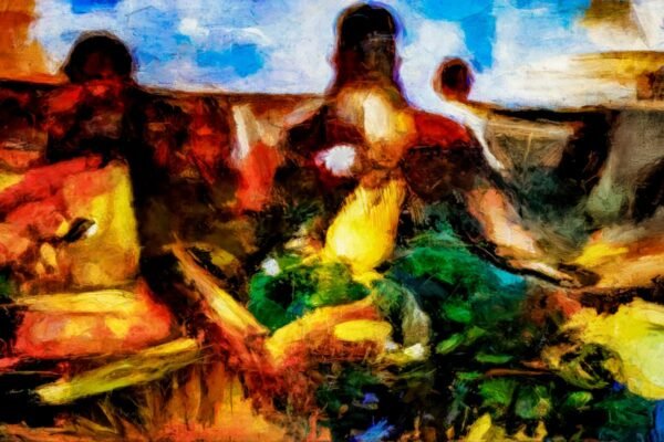 A contemporary impressionist artwork depicting people at a farmer's market