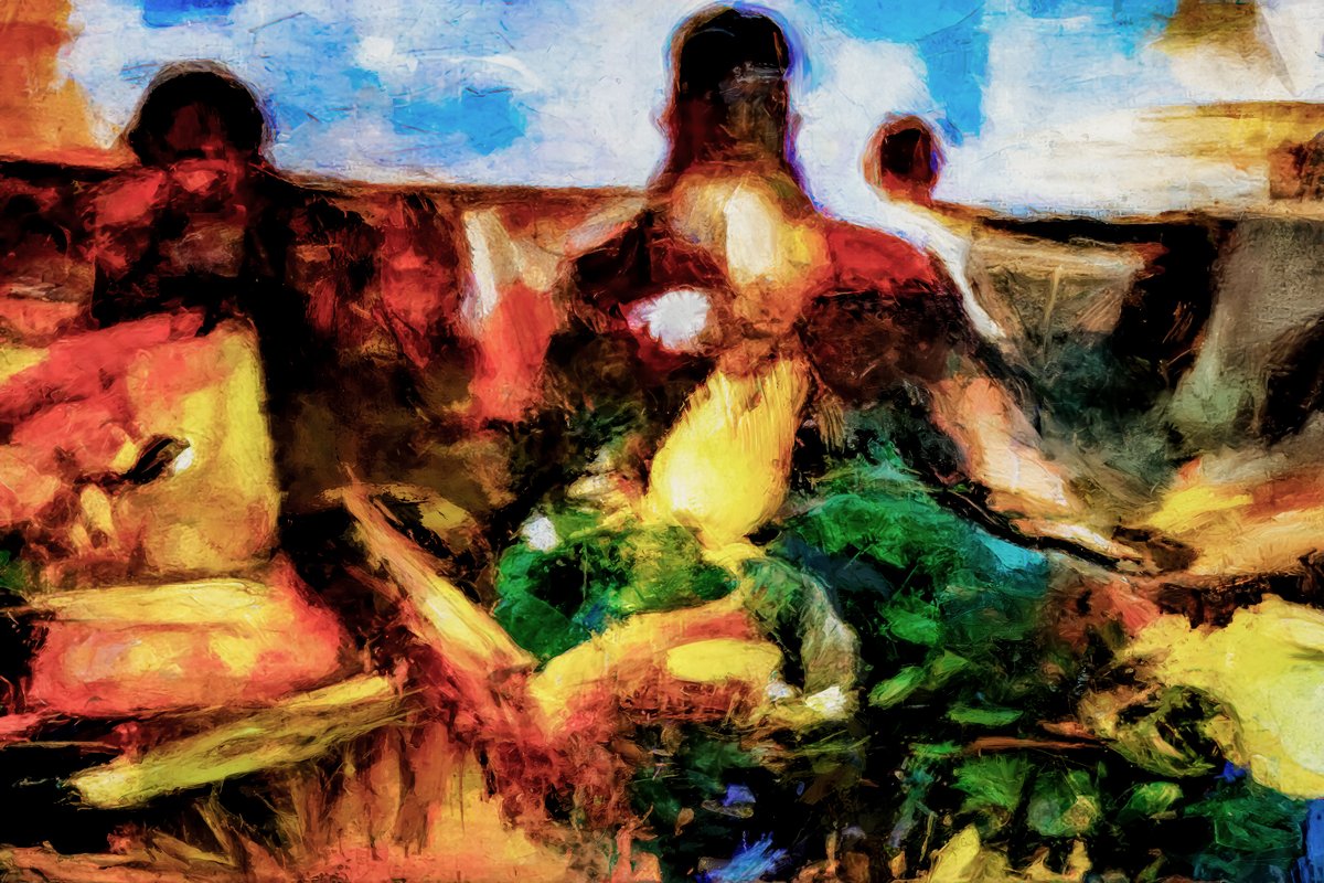 Colorful farm-market scene in a modern impressionistic style with people and vivid produce.