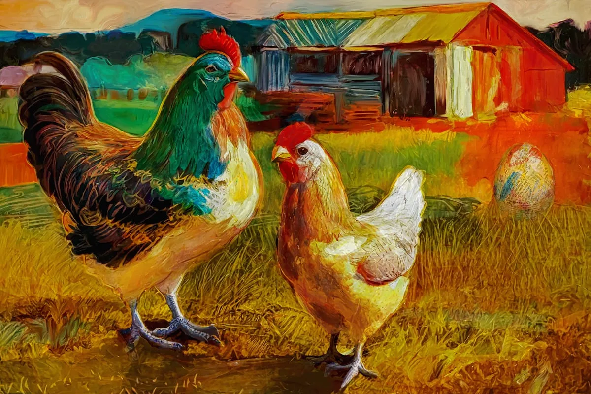 A colorful contemporary artwork depicting two chickens on a farm.
