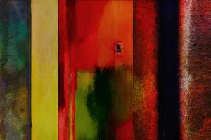 Abstract apartment hallway painting with textured and muted geometric color fields.