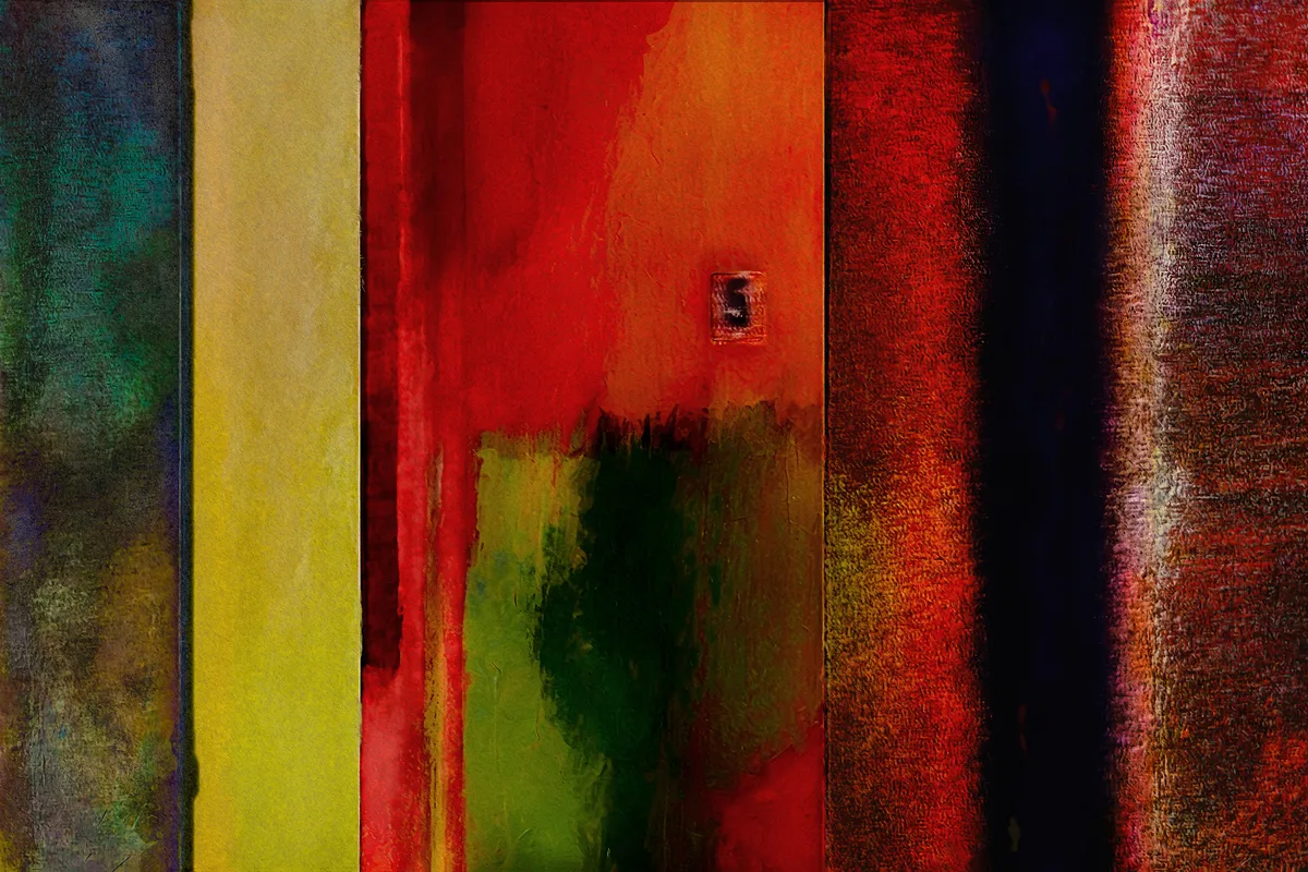 Abstract apartment hallway painting with textured and muted geometric color fields.