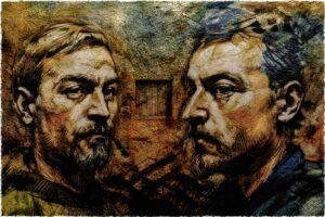 Semi abstract artwork depicting two men drawn and painted a rough wall