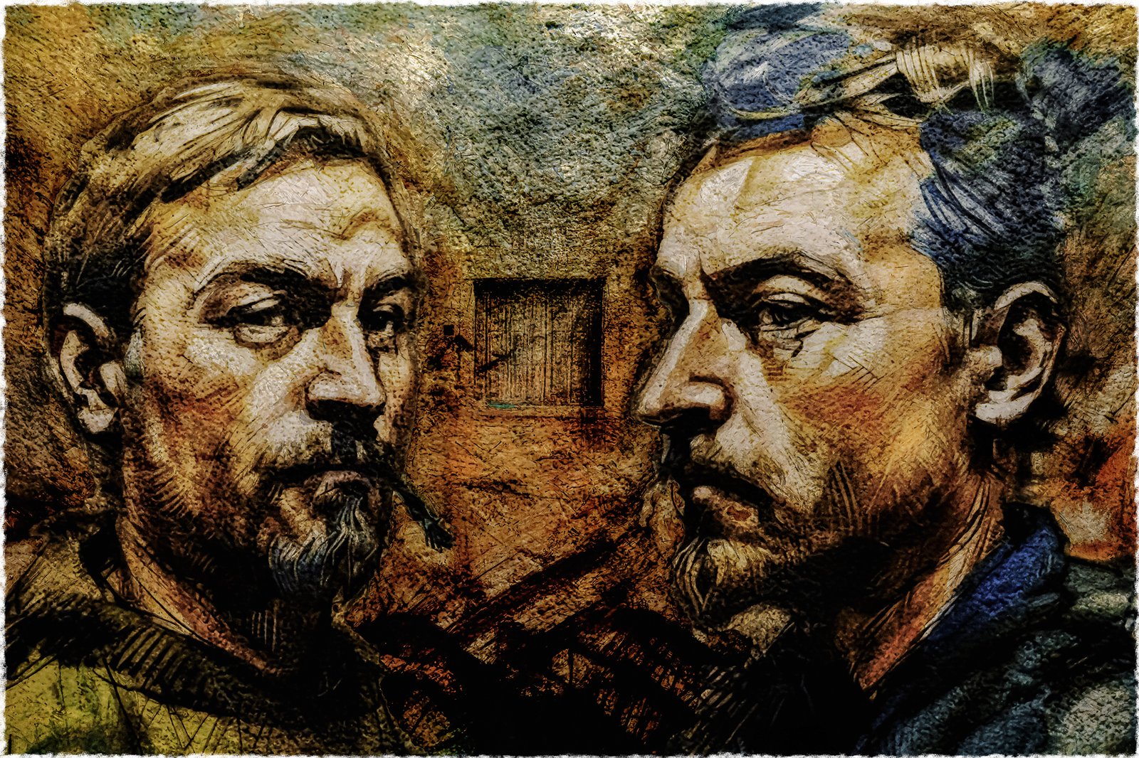 Semi abstract artwork depicting two men drawn and painted a rough wall