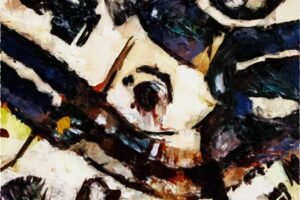 A contemporary abstract artwork depicting a person next to a winding stream from above