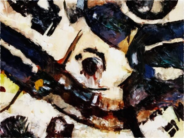 A contemporary abstract artwork depicting a person next to a winding stream from above