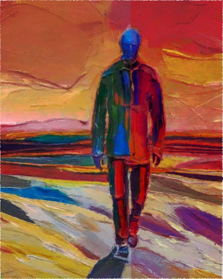 A colorful abstract artwork depicting a man walking towards the viewer