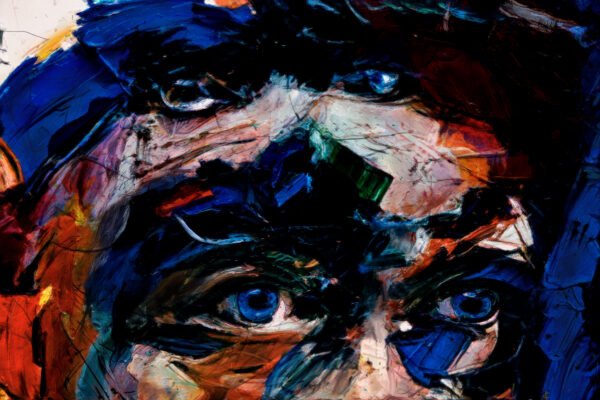 A contemporary abstract impressionist artwork that uses primary colors and frenetic brushstrokes to depict a shocked expression