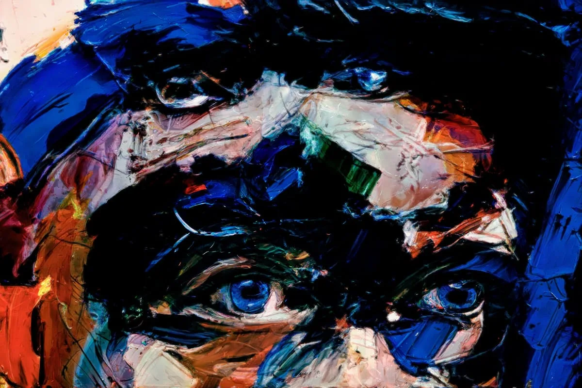 A contemporary abstract impressionist artwork that uses primary colors and frenetic brushstrokes to depict a shocked expression