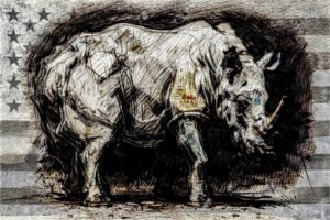 A contemporary expressionist artwork depicting a rhino recoiling against the backdrop of a black and white American flag