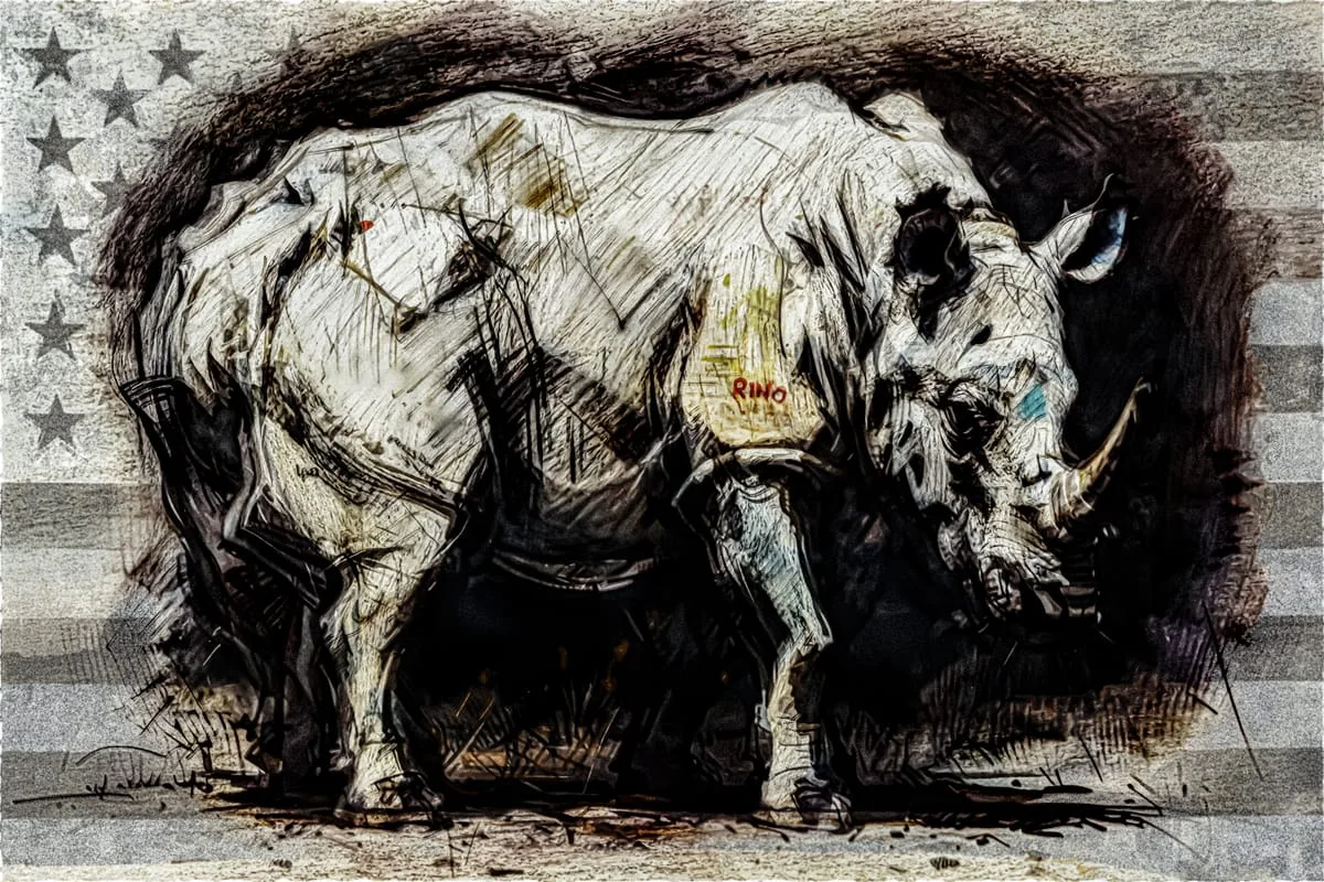 A contemporary expressionist artwork depicting a rhino recoiling against the backdrop of a black and white American flag