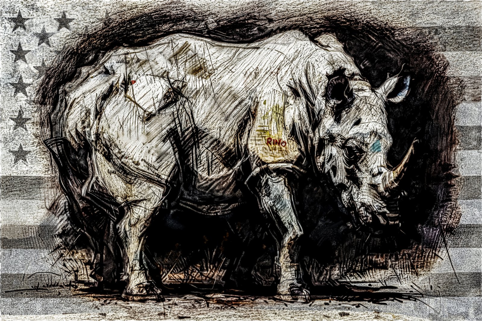 A contemporary expressionist artwork depicting a rhino recoiling against the backdrop of a black and white American flag
