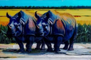 A contemporary impressionist artwork depicting two rhinoceroses in a corn field