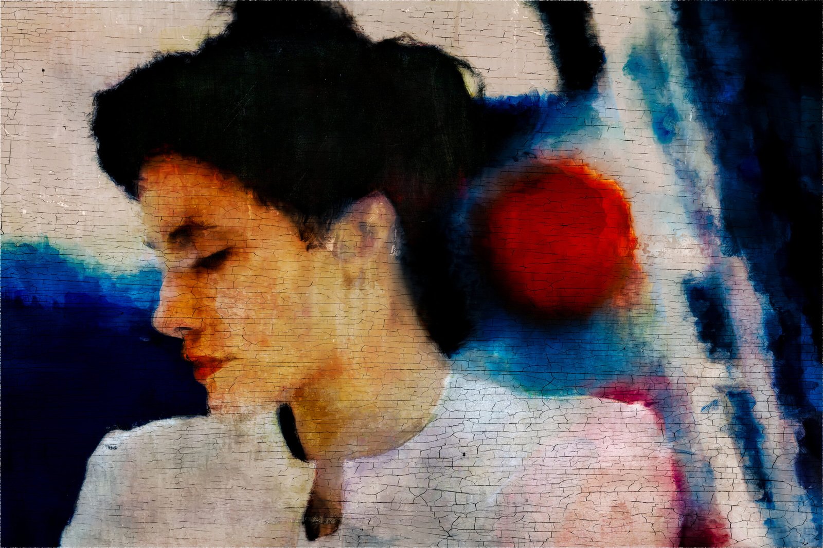 A contemporary artwork depicting a woman's head in profile in an atmospheric semi-abstract style