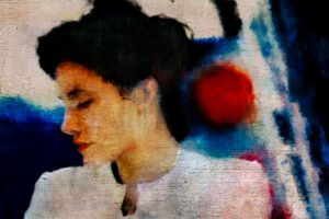 A contemporary artwork depicting a woman's head in profile in an atmospheric semi-abstract style