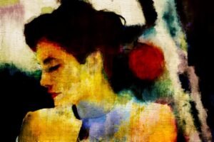 A colorful, semi abstract artwork depicting a woman's head in profile