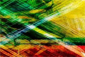 A colorful abstract expressionist artwork filled with frenetic brushstrokes and pencil marks crisscrossing over the surface
