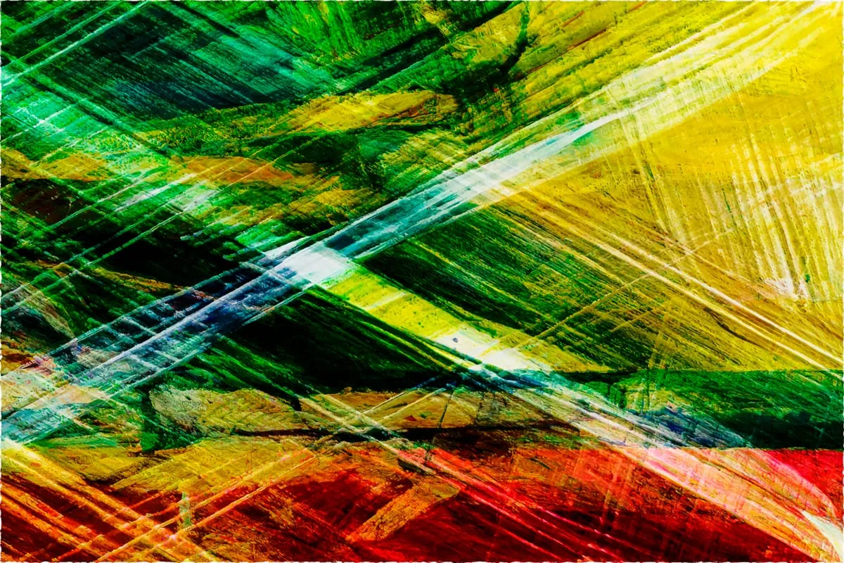 A colorful abstract expressionist artwork criss-crossed with frenetic brushstrokes and pencil marks crisscrossing over the surface.