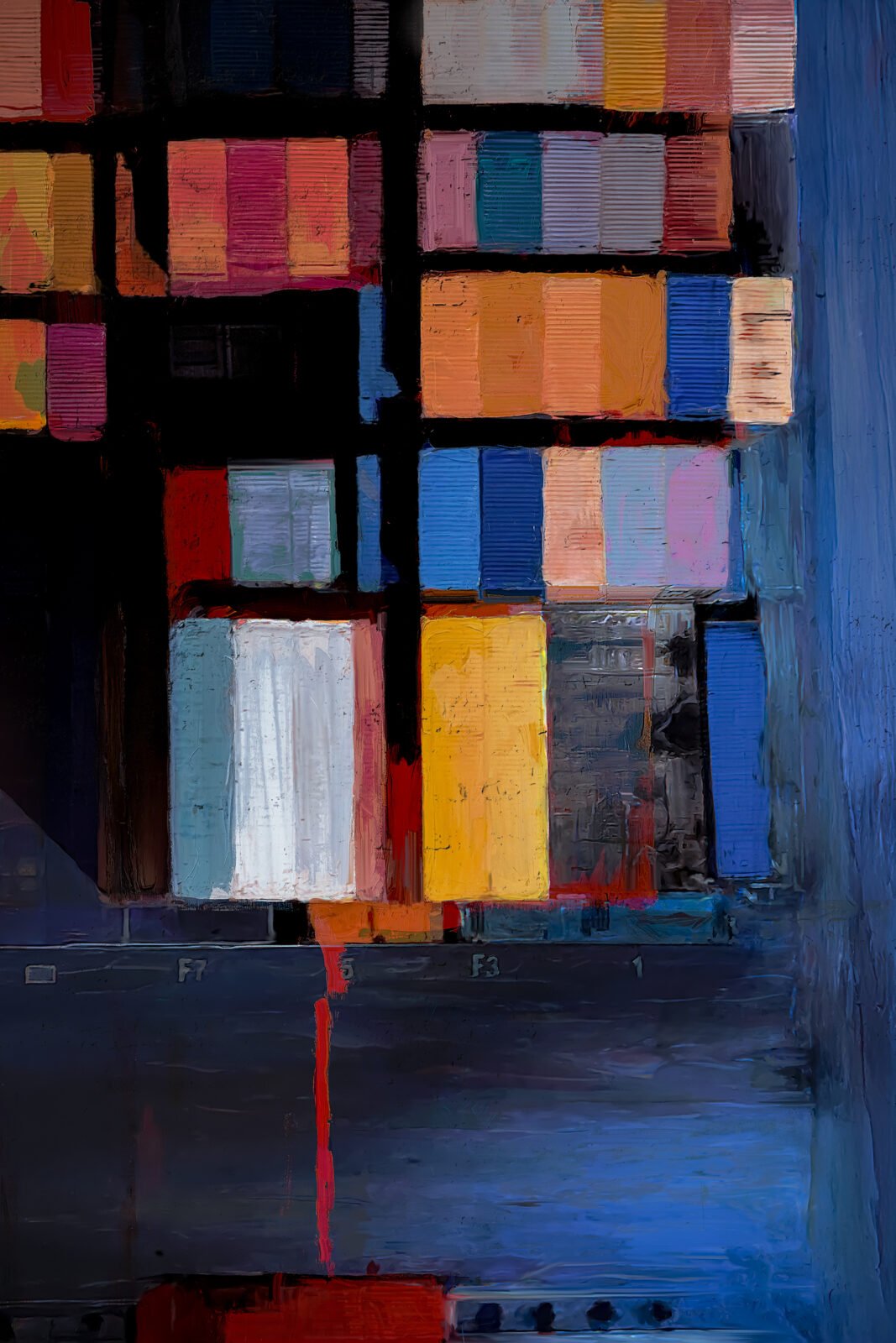 A colorful contemporary artwork depicting stacked shipping containers from above