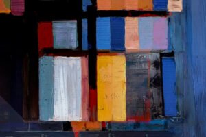 A colorful contemporary artwork depicting stacked shipping containers from above