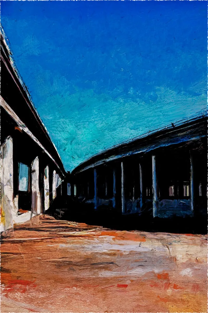 A colorful impressionist style contemporary artwork depicting a highway overpass