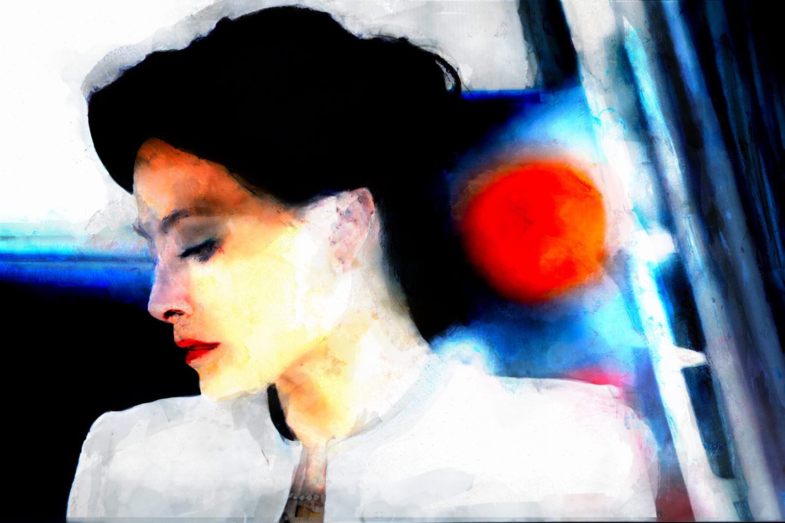 A colorful contemporary artwork depicting a woman's head in profile