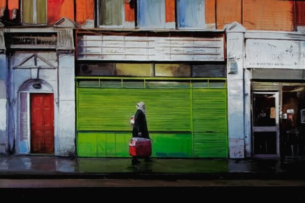 A colorful contemporary artwork depicting a lone traveler with a suitcase walking down a sidewalk