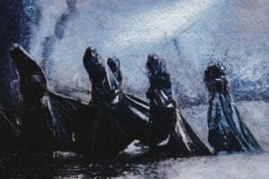 A contemporary monochrome artwork depicting a mysterious group purposely walking through a snowy nighttime scene