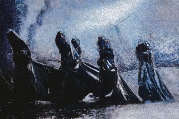 A contemporary monochrome artwork depicting a mysterious group purposely walking through a snowy nighttime scene