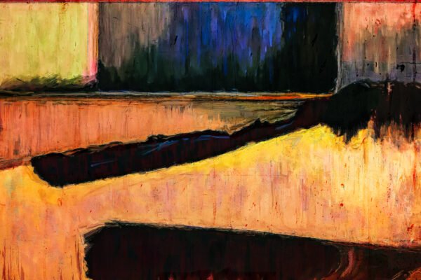 A colorful abstract expressionist artwork depicting black shadows on an imaginary landscape with textural vertical brushstrokes
