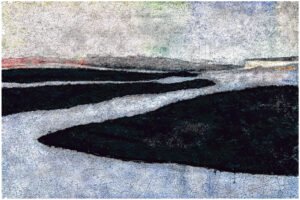 A contemporary abstract artwork depicting strange shadows on a ghostly landscape