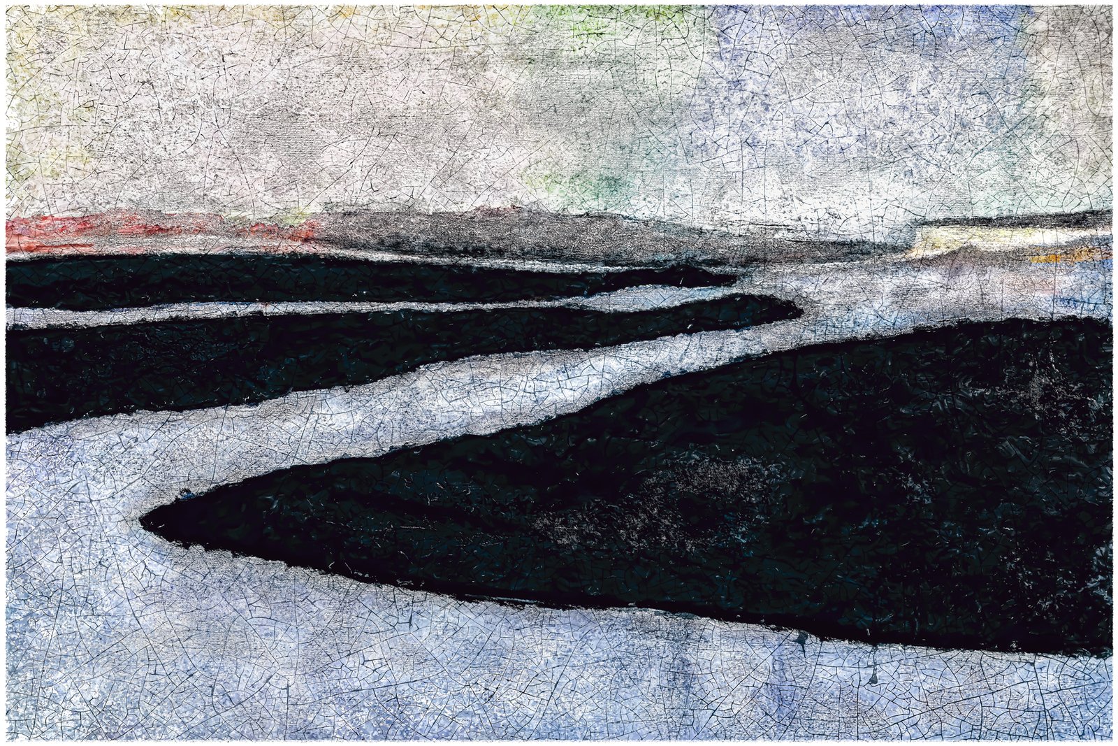 A contemporary abstract artwork depicting strange shadows on a ghostly landscape