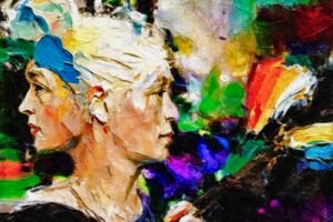 a colorful contemporary artwork depicting two women's heads superimposed on one another on a frenetic background