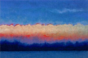 A colorful impressionist artwork depicting a cloud bank over an island at sunset