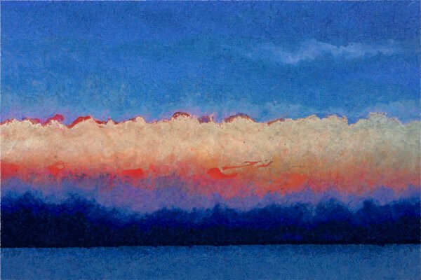 A colorful impressionist artwork depicting a cloud bank over an island at sunset