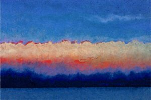 A colorful impressionist artwork depicting a cloud bank over an island at sunset.