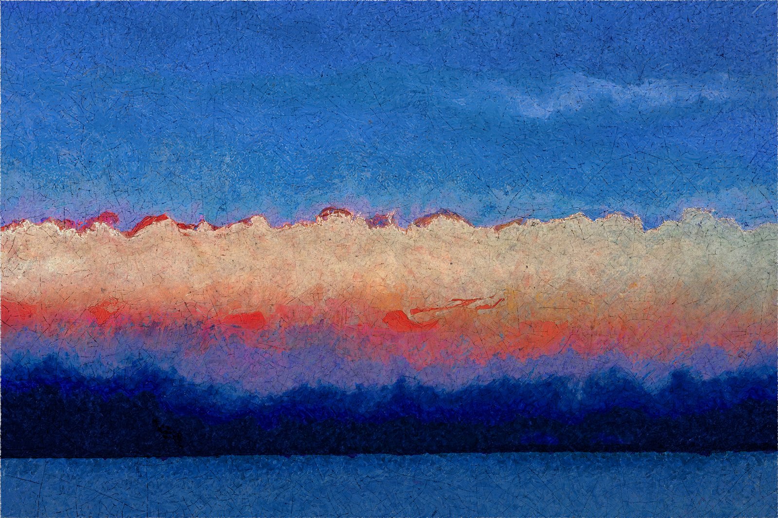 A colorful impressionist artwork depicting a cloud bank over an island at sunset.