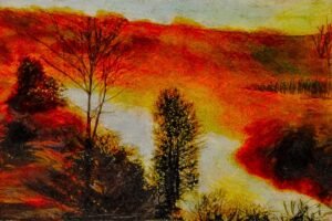 A colorful impressionist style artwork depicting a hilly landscape at sunrise