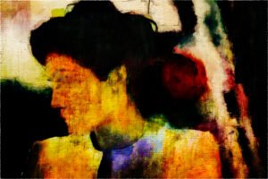 An abstract artwork depicting a woman's silhouette with color and texture