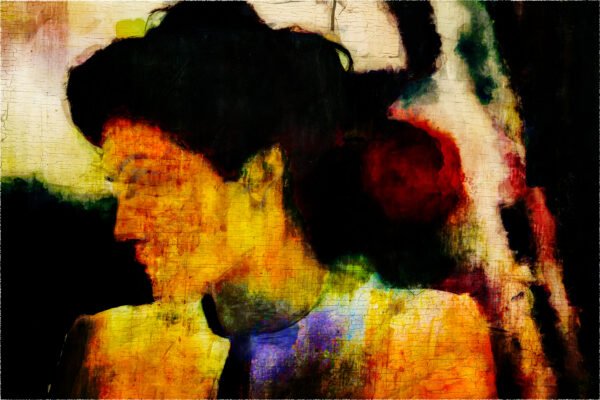 An abstract artwork depicting a woman's silhouette with color and texture