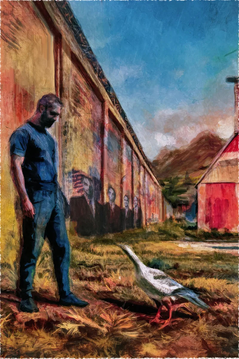 A colorful contemporary artwork depicting a man confronting a goose outside a prison wall