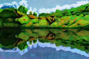 A colorful impressionist style artwork depicting a green rocky shoreline reflected in a lake