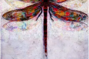 Vivid abstract painting of a red dragonfly with multicolored wings against a pale sky.