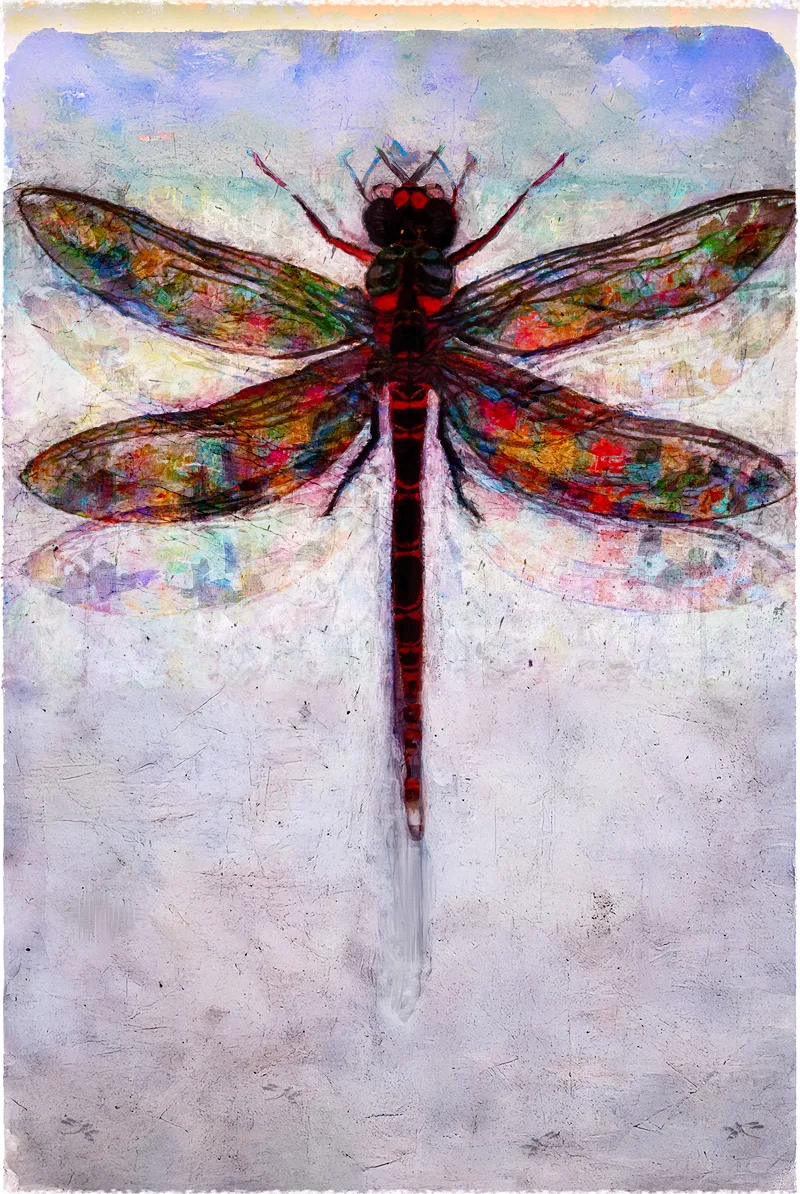 Vivid abstract painting of a red dragonfly with multicolored wings against a pale sky.