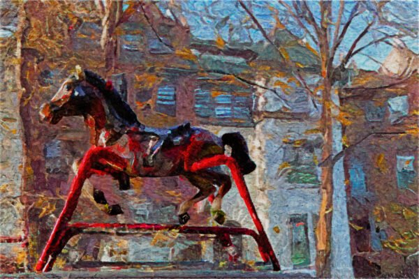 Impressionist style artwork depicting a 1970s style rocking horse