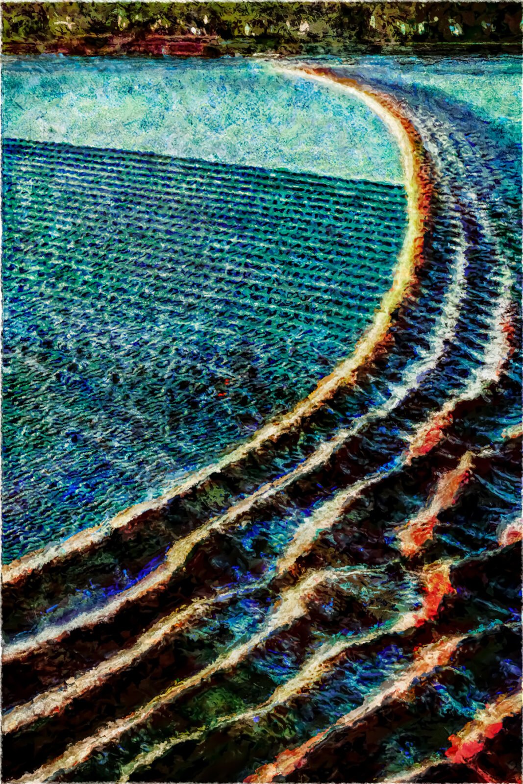 A colorful impressionist artwork depicting unusual tidal patterns on the surface of a river