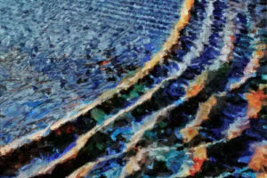 A colorful impressionist artwork depicting unusual tidal patterns on the surface of a river